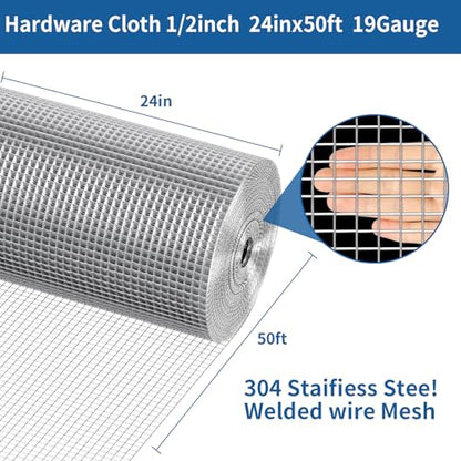 Stainless Steel Welded Wire Mesh, 1/2 inch Hardware Cloth, Chicken Wire Fence Mesh Cage Poultry Garden Plant Support Containment Fence(24in×50ft) - size: 1/2inch 24in x 50ft