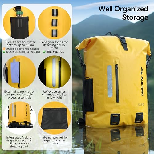 MARCHWAY Roll Top Waterproof Backpack, Floating Dry Bag 20L/30L/45L with Ergonomic Rectangular Base, Cushioned Back, Hip Strap for Hiking Camping Kayaking Travel (Yellow, 30L) - color: Yellow, size: 30L