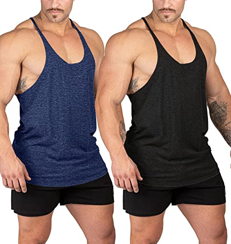 Stringer Bodybuilding Tank Tops Low Cut Off Gym Workout Training Stretch Polyester Quick Dry T Shirts - color: Black&blue, size: Large