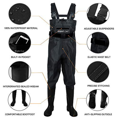 Night Cat Fishing Waders for Men Women Waterproof Hunting Chest Wader with Bootfoot Belt Breathable Lightweight Size 6 to 14 - color: Black, size: 13