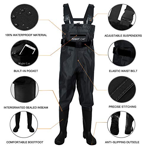 Night Cat Fishing Waders for Men Women Waterproof Hunting Chest Wader with Bootfoot Belt Breathable Lightweight Size 6 to 14 - color: Black, size: 9