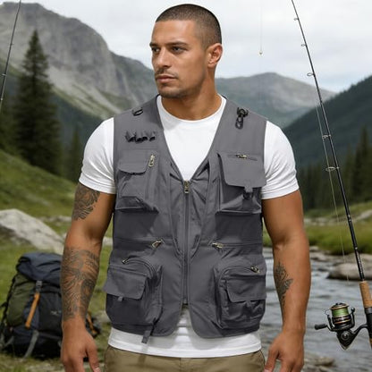Men's Fishing Vest Casual Utility Lightweight Cargo Vest with Multi Pockets Outdoor Safari Photo Travel Jacket Vest - color: Y003- Gray, size: Large