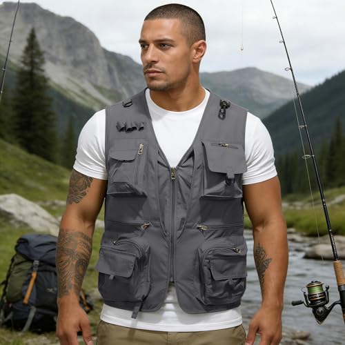 Men's Fishing Vest Casual Utility Lightweight Cargo Vest with Multi Pockets Outdoor Safari Photo Travel Jacket Vest - color: Y003- Gray, size: Medium