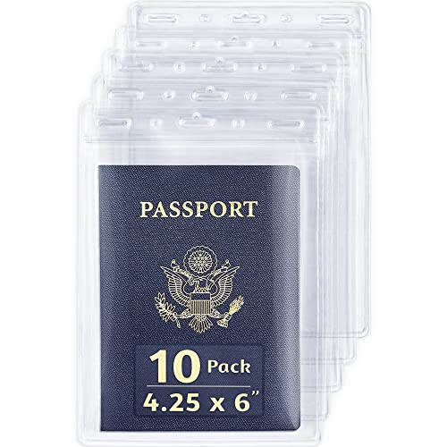 EcoEarth 4x6 Inch Passport & Card Holders (Clear, 10 Pack), Extra Large (XXL) Vertical ID Holder, Resealable and Waterproof Identification Name Card Holder | EcoEarth clear plastic waterproof passport holder with soft edge and zipper seal, 5 pre-punched h