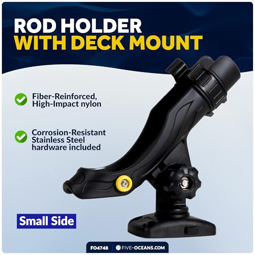 Five Oceans Fishing Rod Holder for Boat with Deck Mount Base, Black, High-Impact Nylon for Boats & Kayaks, Multiple Sizes - style: Large Rod Holder + Sliding-lock Base