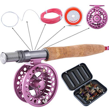 Sougayilang Fly Fishing Rod Reel Combos with Lightweight Portable Fly Rod and CNC-machined Aluminum Alloy Fly Reel,Fly Fishing Complete Starter Package - color: Fly Fishing Full Kit 5-6#-Pink