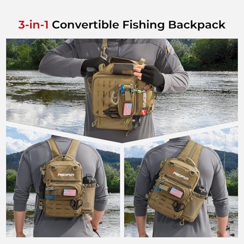 Piscifun Fishing Tackle Backpack, 3-Way Carry with Rod Holders | 16 smart pockets, 2 rod holders, Rain cover, Breathable back support, Convertible sling/waist/backpack carry - color: Black