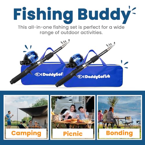 DaddyGoFish Kids Fishing Pole - Rod Reel Combo Tackle Box Starter Set - First Year Small Dock Gear Kit for Boys Girls Toddler Youth Age Beginner Little Children Junior Anglers Older Kids - color: 2 Pack- Blue + Blue