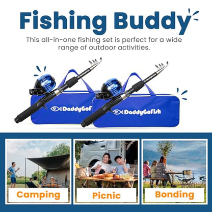 DaddyGoFish Kids Fishing Pole - Rod Reel Combo Tackle Box Starter Set - First Year Small Dock Gear Kit for Boys Girls Toddler Youth Age Beginner Little Children Junior Anglers Older Kids - color: 2 Pack- Blue + Blue
