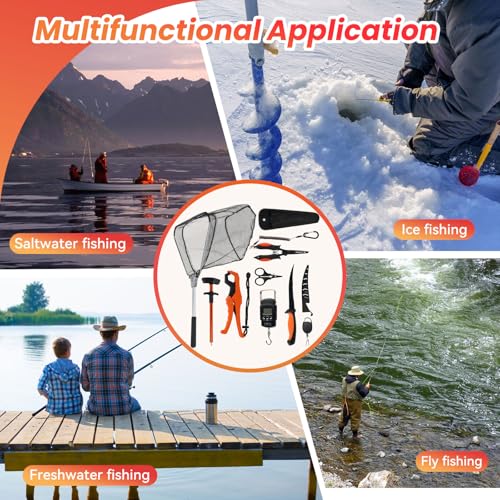 RAWILL 9 Pcs Fishing Tool Kit, Fishing Pliers with Lanyard and Protective Sheaths, Landing Net, Fillet Knife, Fish Scale, Gripper - color: Orange