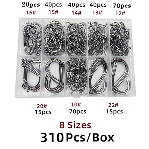 310Pcs/Box （22# ...15# 10# Fishing Hook, Forged Steel/Barded Design, 8 Sizes Universal Octopus Fishing Hooks Set， Sharp/High Carbon/Hook Eye, Suitable Sizes in Freshwater Saltwater