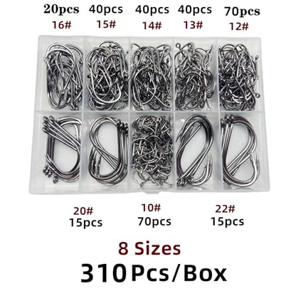 310Pcs/Box （22# ...15# 10# Fishing Hook, Forged Steel/Barded Design, 8 Sizes Universal Octopus Fishing Hooks Set， Sharp/High Carbon/Hook Eye, Suitable Sizes in Freshwater Saltwater