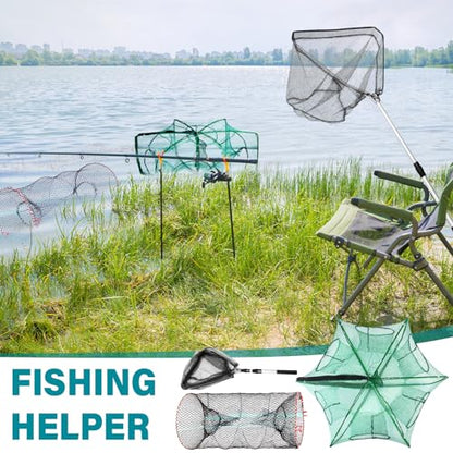 Windyun 3 Pcs Foldable Fishing Net Landing Net with Telescoping Pole Handle Collapsible Crab Trap Hexagon Fishing Bait Trap with Rope and Lure Bag for Crab Crayfish Shrimp - color: Gray Green