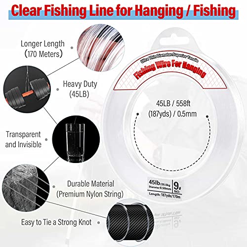 Clear Fishing Wire, Acejoz 656FT Fishing Line Clear Invisible Hanging Wire Strong Nylon String Supports 40 Pounds for Balloon Garland Hanging Decorations - style: 0.5mm, 558ft, 45lb