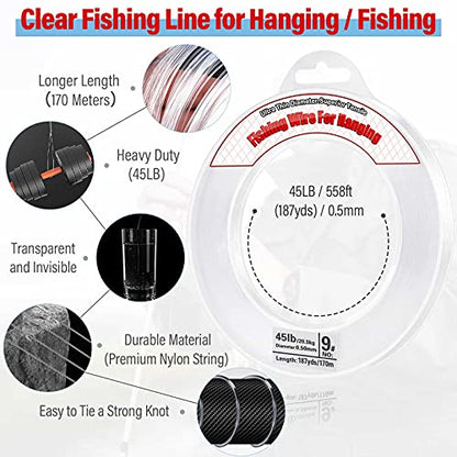 Clear Fishing Wire, Acejoz 656FT Fishing Line Clear Invisible Hanging Wire Strong Nylon String Supports 40 Pounds for Balloon Garland Hanging Decorations - style: 0.5mm, 558ft, 45lb