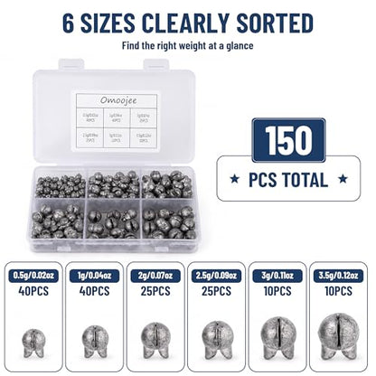 150Pcs/Box Big Size Removable Split Shot Fishing Sinkers Assorted Sizes (0.02oz, 0.04oz, 0.07oz, 0.09oz, 0.11oz, 0.12oz Mixed), Easy Open Mouth Design Fishing Weights