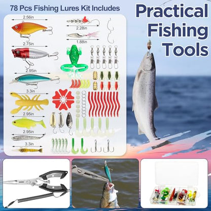RoundFunny 85 Pcs Fishing Backpack with Tackle Boxes, Tackle Sling Bag with Rod Holder, Fish Lures and Pliers, Fish Tools Gears & Equipment Father's Day Fishing Gift for Dad Men - color: Jungle Camouflage