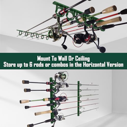 Aventik Vertical/Horizontal Fishing Rod Holder For Garage, Wall, Ceiling Holds Up To 6/12 Fishing Pole Holders (Green) - style: Green