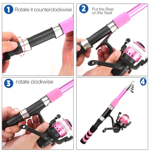 Collapsible Telescopic Fishing Rod and Reel Combo Push Button Small Fishing Pole Kit Beginner Youth Boys Fishing Starter Set Tackle - color: Pink, size: 5.9FT