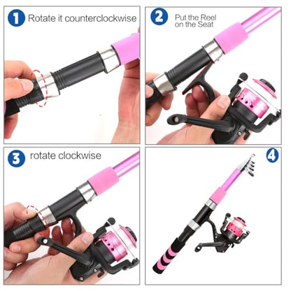 Collapsible Telescopic Fishing Rod and Reel Combo Push Button Small Fishing Pole Kit Beginner Youth Boys Fishing Starter Set Tackle - color: Pink, size: 5.9FT