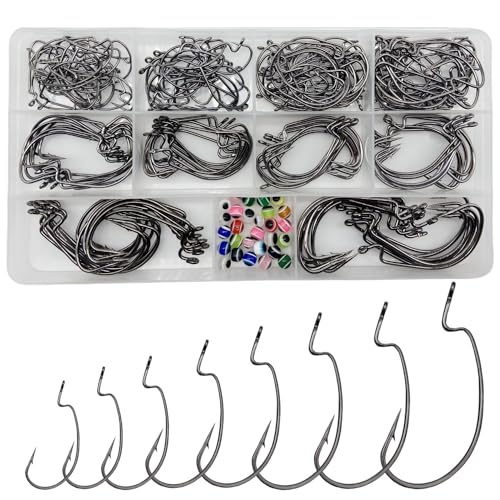 220Pcs/Box 2X Strong High Carbon Steel Worm Fishing Hook,8 Sizes Mixed(5/0,4/0,3/0 2#,4#), Senko Soft Bait Fish Hook Set for Bass,Barded Design,25 Pcs Eye Beads Bait