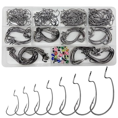 220Pcs/Box 2X Strong High Carbon Steel Worm Fishing Hook,8 Sizes Mixed(5/0,4/0,3/0 2#,4#), Senko Soft Bait Fish Hook Set for Bass,Barded Design,25 Pcs Eye Beads Bait