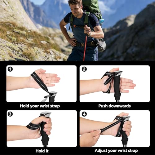 Deepfeel Collapsible Trekking Pole Adjustable Hiking Pole - Aluminum Alloy 7075 Walking Stick with Telescopic & Foldable Tri-fold Design for Travel Camping Climbing Walking - color: Red