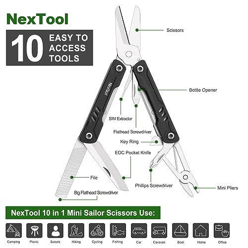 NexTool Keychain Multitool, Mini Sailor Scissors, 10 in 1 Mini Multitool with EDC Pocket Knife, Mini Pliers, Bottle Opener and Screwdriver for Fishing, Camping, Gifts for Men on Christmas, Birthday | 10-in-1 Mini Multitool, Flexible Tailoring Scissors, Co