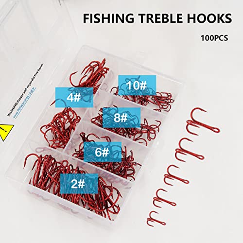Red Fishing Treble Hooks Kit, High Carbon Steel Hooks Strong Sharp Round Bend for Lures Baits Saltwater Freshwater Bass Fishing 100pcs Mixed 5 Size 2# 4# 6# 8# 10# - color: 100pcs Red Treble Hooks