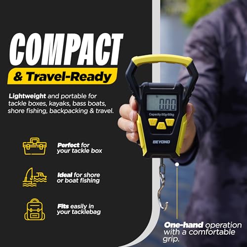 Beyond Fishing Digital Scale with Built-in Tape Measure – Weighs Up to 110lbs - LCD Display, Ounces - Pounds - Kilograms - Ergonomic Grip, Battery Powered, Portable Fish Weigher for Anglers