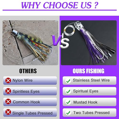 Saltwater Fishing Lures 6/9inch Trolling Lures for Marlin Mahi Tuna Dolphin Shark Big Game Deep Sea Fishing Baits Squid Skirts Rigged Hooks Ocean Gear Tackle - color: Purple-1pcs, size: 6inch