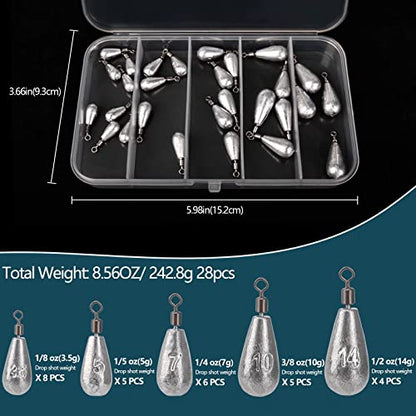 THKFISH Fishing Weights Sinkers Set, 28PCS Fishing Sinker Drop Shot Weights Kit,Drop Shot Rig Wacky Hooks for Saltwater Freshwater Bass Fishing - size: D-28pcs-Waterdrop Shape
