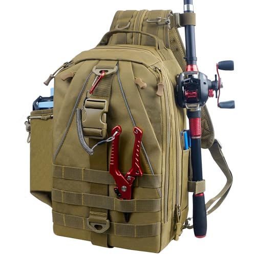 Fishing Backpack Sling Tackle Bag with Rod & Gear Holder Lightweight Outdoor Water-Resistant Shoulder Storage Bag Fishing Gift for Men Women