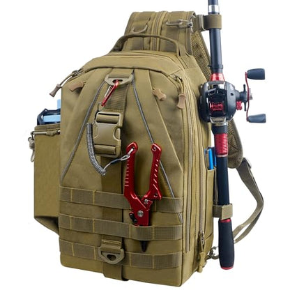 Fishing Backpack Sling Tackle Bag with Rod & Gear Holder Lightweight Outdoor Water-Resistant Shoulder Storage Bag Fishing Gift for Men Women