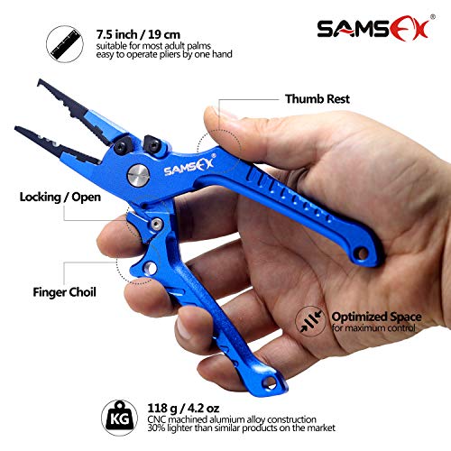 SAMSFX Aluminum Fishing Pliers Hook Remover Braid Line Cutter with Coiled Lanyard, Fly Fishing Knot Tying Tool & Retractors - color: 7'' Split Ring Nose, Sapphire Blue Handle