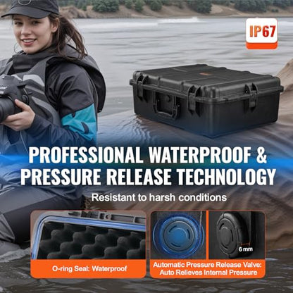 VEVOR Weatherproof Hard Case, Heavy Duty Protective Dry Box with Pre-cut Foam, and Retractable Pull Handles for Travel, Hunting, Military, Tactical, IP67 Waterproof Case for Cameras (24.4×19.3×8.9) - size: 24.41 x 19.29 x 8.86 in