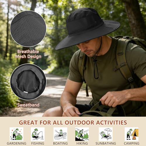 ZOORON Sun Hats for Men Women Fishing Hat with Neck Flap,UPF 50+ Sun Hat Waterproof Wide Brim Bucket Hats for Safari Hiking - color: 1-black-arm Sleeves
