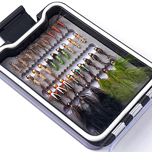 BASSDASH Fly Fishing Flies Kit Fly Assortment Trout Bass Fishing with Fly Box with Dry/Wet Flies, Nymphs, Streamers, Popper - style: 33pcs Barbed and Barbless Trout Flies