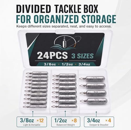 Pencil Drop Shot Weights, 24pcs/36pcs 3 Sizes/5 Sizes Lead Sinkers with Double Wire Loop Swivels, Heavy Rig Sinkers for Deep Water Bass Fishing, Freshwater Drop Shot Rig with Storage Box - size: 24 PCS/ 3 Sizes