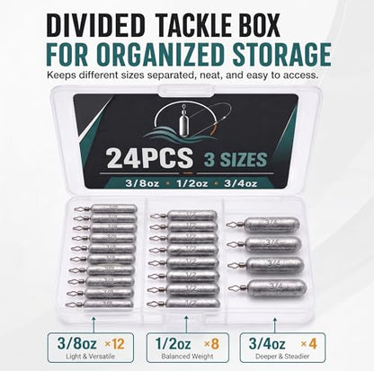 Pencil Drop Shot Weights, 24pcs/36pcs 3 Sizes/5 Sizes Lead Sinkers with Double Wire Loop Swivels, Heavy Rig Sinkers for Deep Water Bass Fishing, Freshwater Drop Shot Rig with Storage Box - size: 24 PCS/ 3 Sizes