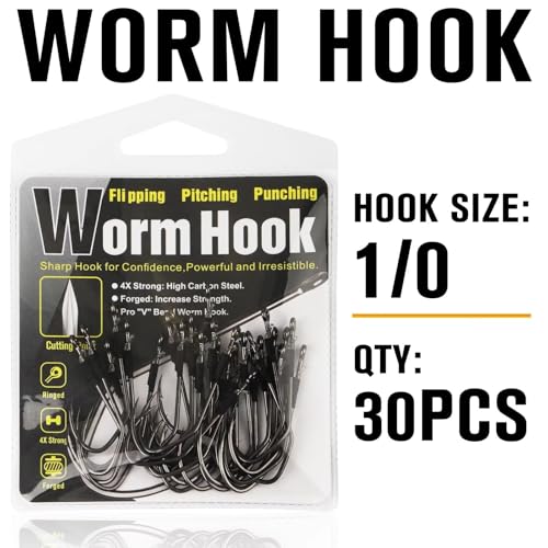 Dovesun Weedless Worm Hooks, Straight Shank Wacky Rig Hooks, 30 Pack | 4X Strong High-Carbon Steel, Texas Rig Hooks, Baitholder Nylon Wire Wrap or Wire Weed Guard, Sizes 1/0-3/0, Bass Fishing - size: 1/0 * 30PCS, style: Professional "V" Hook With Baitkeep