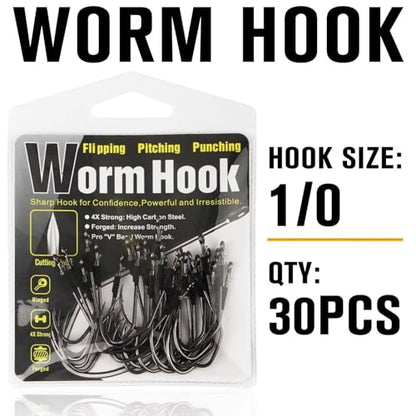 Dovesun Weedless Worm Hooks, Straight Shank Wacky Rig Hooks, 30 Pack | 4X Strong High-Carbon Steel, Texas Rig Hooks, Baitholder Nylon Wire Wrap or Wire Weed Guard, Sizes 1/0-3/0, Bass Fishing - size: 1/0 * 30PCS, style: Professional "V" Hook With Baitkeep