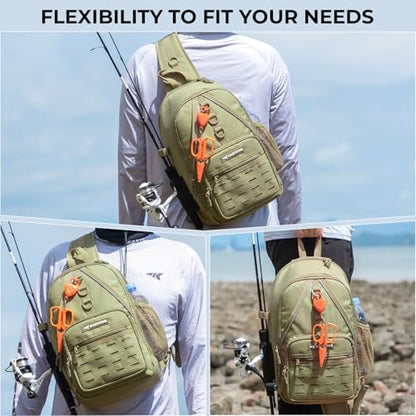 KastKing Karryall Sling Tackle Bag–Fishing Sling Pack,Fishing Backpack With Rod Holder,MOLLE System,Soft Bait & Gear Storage - color: C: Khaki