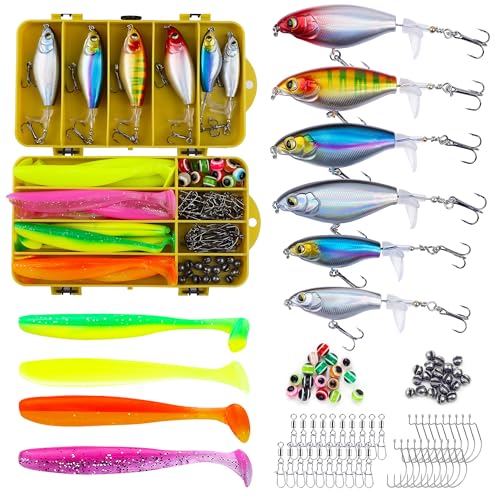 100 Pcs Fishing Lures Ploppers Equipment Tackle Gear Box for Bass, Floating Rotating Tail, Hard Fish Kit with Soft Lure,Hooks, Accessories Tools,Plastic Bait, Swimbait
