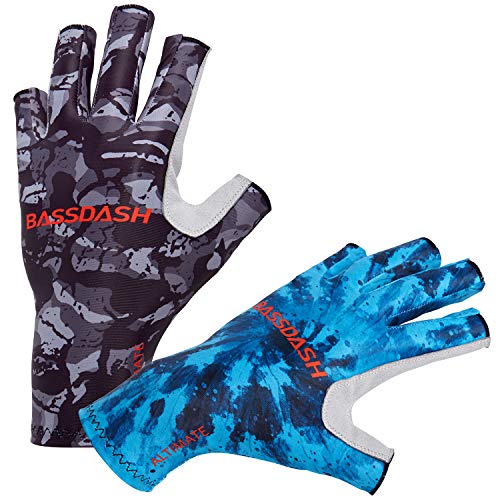 Bassdash ALTIMATE UPF 50+ Sun Protection Fingerless Fishing Gloves Men - color: Blue Camo, size: Large