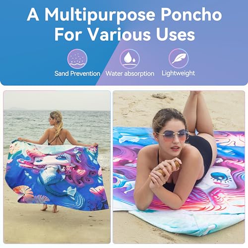Catalonia Mermaid Hooded Towel for Adults, Quick-Dry Sand-Free Beach Poncho with Hood, Summer Gift for Girls - color: Mermaid