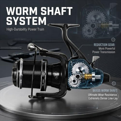 Double Brake Spinning Reel Heavy Duty Metal Body with CNC Machined Spool 55LB Max Drag 6+1 BB Smooth 4.1:1 High Speed Gear Ratio Saltwater Freshwater Reel for FPL 8000-12000 Series
