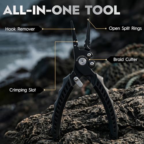 BasicGear Fishing Pliers, 17-4 PH Stainless Steel Saltwater Pliers, Braid Cutter, Split Ring Tool, Corrosion Resistant, One-Hand Operation (6.3" Compact (Light Fishing) - Black) - size: 6.3" Compact (Light Fishing) - Black