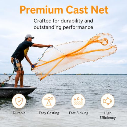 Nylon Multfilament Cast Net, 4FT/8FT/10FT/12FT American Style Hand Throwing Fishing Net with Zinc Plated Weights for Saltwater and Freshwater - color: yellow-4ft