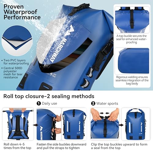MARCHWAY Roll Top Waterproof Backpack, Floating Dry Bag 20L/30L/45L with Ergonomic Rectangular Base, Cushioned Back, Hip Strap for Hiking Camping Kayaking Travel (Blue, 30L) - color: Blue, size: 30L